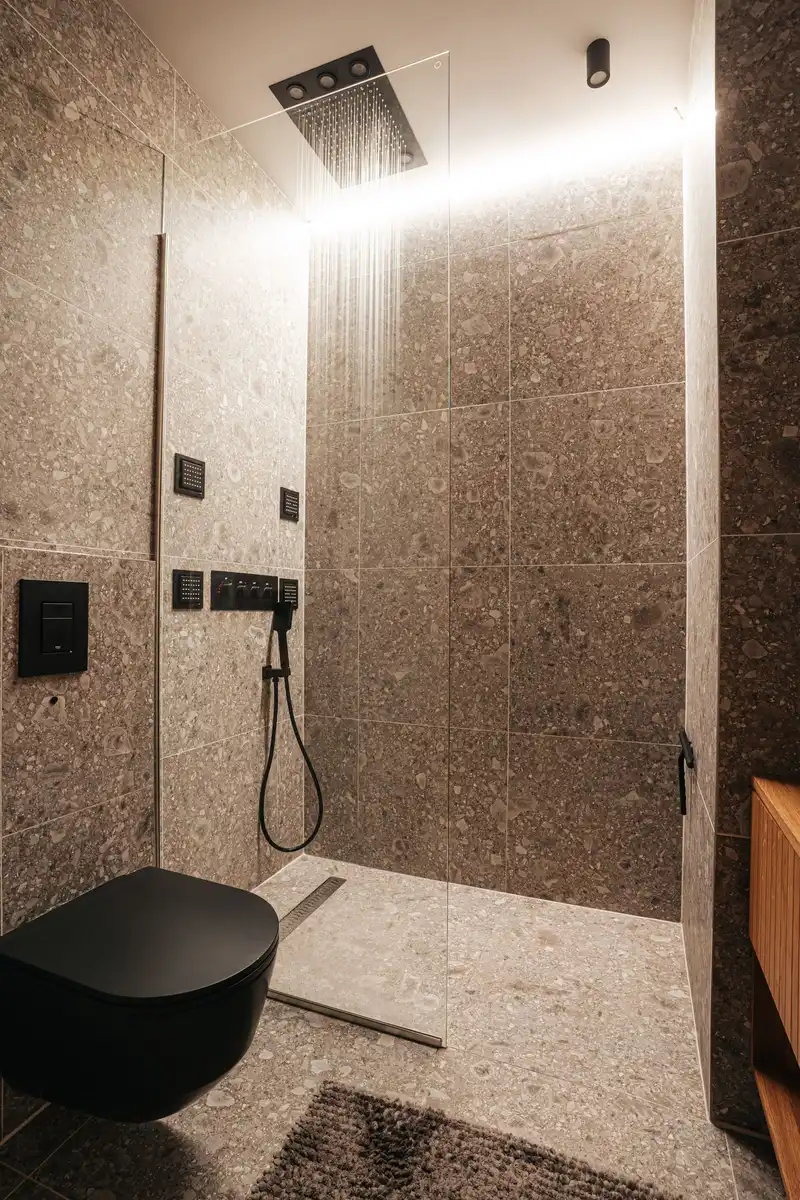 Fertig saniertes Bad mit bodenebener Dusche, Regendusche und Natursteinfliesen