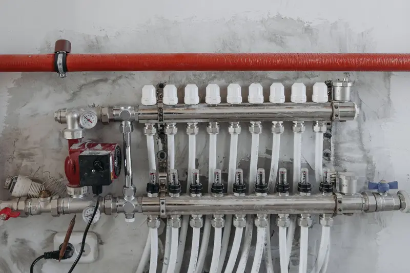 Heizkreisverteiler einer Fußbodenheizung mit Manometer und Pumpe